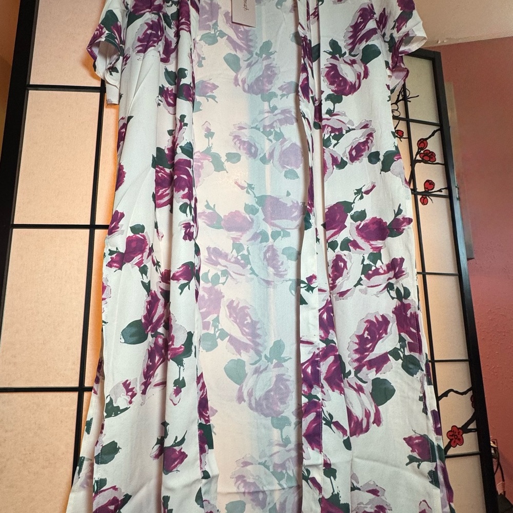 Floral Print Kimono with Purple, Pink and Green Accents